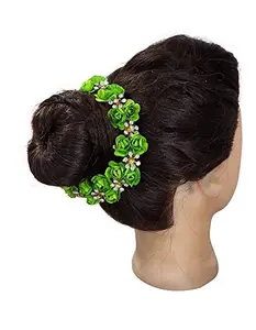 AASA Green Pearls Beads and Flowers South Indian Gajra for Hair Decoration for Women Pack of 1 (Green)