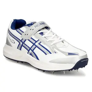 ASE PRO Mens Elite Performance 2.0 Metal Spikes Cricket Shoes for Men (White/Blue) 8 UK/IND