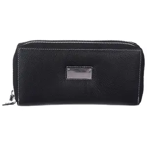 BLU WHALE Stylish Genuine Leather Women's Classic Wallet (Zip Style) with 14 compartments (Black)