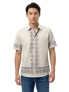 BULLMER Trendy Regular Fit Cotton Blend Printed Casual Half Sleeve Zipper Shirt for Men | Stylish Men’s Casual Shirts | Shirts for Men