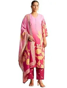 Pinkmint Women's Cotton Blend Kurta Pant Dupatta Set | V-Neck Kurta with Front Buttons | Printed Pants | Lace Border Dupatta | Ethnic Wear Kurta Set