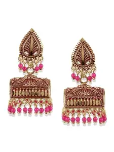Styylo Fashion_Gold Plated & Pink Leaf Shaped Enamelled Jhumkas_EAR-M-40025-PNK