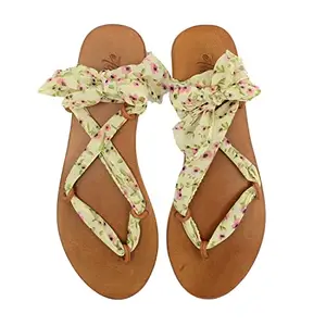 Etiket Etiket Flavor - Yellow Floral Fully Adjustable Viscose Tie Up Flat Sandal For Women - (Perfect for Normal and Wide Foot)
