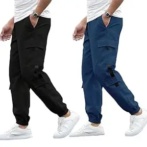RIKSAW Men's Cargo Polyester Pants for Men || Regular Fit Mid Rise Cargo Joggers Solid Pants (Pack of 2) (PCG_04 Combo)