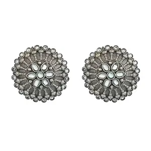 Voylla Antique Elegance Mandala Design Brass Lightly Embellished Silver Plated Stud Earrings