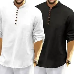 FINIVO FASHION Combo of Men’s Casual Full Sleeve Kurta Style Shirt with Button Placket, Lightweight Breathable Fabric, Regular Fit Ethnic Fusion Wear for Daily & Festive Use Pack of 2
