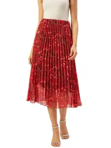 Anvi Be Yourself Floral Printed Pleated Casual A-Line Midi Women Skirt || Trendy Gathered Mid Waist Flared Pull on Elastic Waist Skirts for Women Stylish Western || Skirt for Women Stylish Western