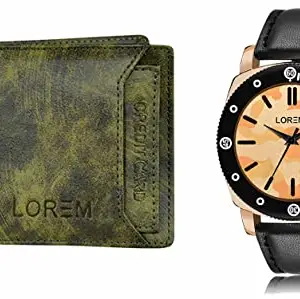 LOREM Green Color Faux Leather Wallet & Multicolor Analog Watch Combo for Men | WL27-LR52