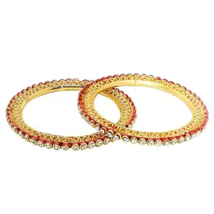 sanjog Set of 2 Gold Plated Red Shade CZ & Stone-Studded & Beaded Bangles (2-8)