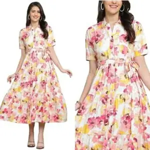 Women Digital Print Collar Neck Kurti with Belt | Stylish Belted Kurti for Women