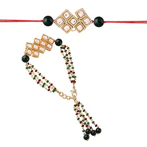 I Jewels Bhaiya Bhabhi Lumba Rakhi Bracelet Combo Set With Roli Chawal & Rakshabandhan Card (R013G-Co)
