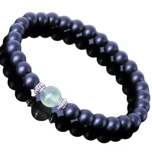 RRJEWELZ Natural Matte Black Onyx With Aquamarine Round Shape Smooth Cut 8-10mm Beads 7.5 inch Stretchable Bracelet for Healing, Meditation, Prosperity, Good Luck | STBR_05413