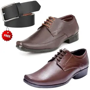 Graceful Formal Shoes/Party Shoes/ 2 Shoes Combo with Free Belt for Men and Boys (BAZAAR8192_VTR004-Brwn005-Bdr-Brwn-1-Blk) Multicolor