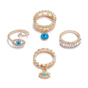 RockJon Blue Evil Eye Crystal Pavé Ring Set for Women - Alloy Cubic Zirconia Gold Plated Rings, Trendy and Protective Jewelry Set