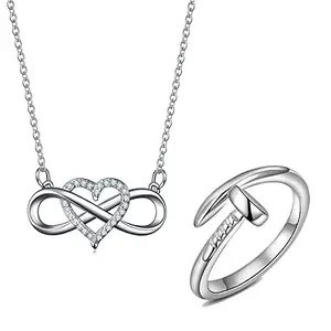 Fashion Frill Silver Chain Heart Infinity Pendant For Women Girls Silver Plated Pendant Necklace With Silver Adjustable Ring For Women Girls Gift for Sister Love Gifts Combo Set