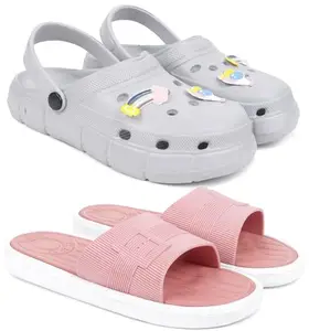 Pampy Angel Combo Pack of 2 Slipper/Flip Flops/Slides/Clogs/Sandals with Adjustable Back Strap for Women,(WCL-Ranbo-Grey,Buckle-Pink),37 (Euro)