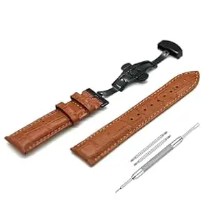 Lineon 22mm Half Padded Premium Leather Mens Watch Strap with ButterFly Lock For Branded Watches Tool and Pins Include