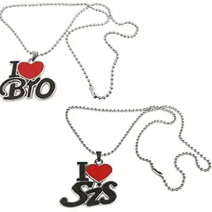 De-Ultimate (Set Of 2 Pcs) Unisex CMB7721 Combo Of Brother's Day & Sister's Day Special Express Your Love "I Love Sis" And "I Love Bro" Letter Heart Design Locket Pendant Necklace With Chain