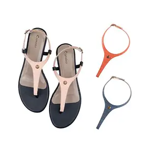 Cameleo -changes with You! Women's Plural T-Strap Slingback Flat Sandals | 3-in-1 Interchangeable Strap Set | Baby-Pink-Red-Dark-Blue