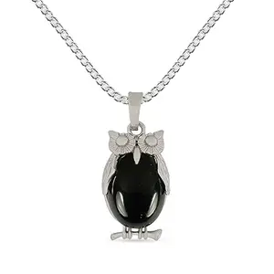 Crystu Black Tourmaline Pendant, Natural Crystal Stone Owl Shape Pendant/Locket with Metal Chain for Reiki Healing and Crystal Healing Gemstone Size 35 mm (Color : Black)