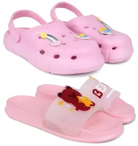 Pampy Angel Combo Pack of 2 Slipper/Flip Flops/Slides/Clogs/Sandals with Adjustable Back Strap for Women,(WCL-Ranbo-Pink,Bear-Pink),39 (Euro)