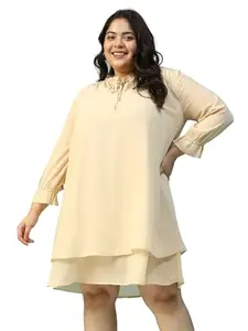 oxolloxo Plus Size Beige Round Neck with Tie-Up String & Smocking Detail Long Bell Sleeve Knee Length Dress