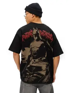 The Souled Store Official Batman Originals: Justice Oversized T-Shirt for Men Boys Cotton Casual Half Sleeves Baggy Loose Fit Drop Shoulder Round Neck Black