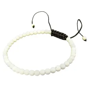 Lady Works Natural White Jade Threaded Bracelet 4mm Round Smooth Beads White Jade Adjustable Thread Bracelet. Unisex Macrame Yoga Bracelet.|LW_TDBR_1889