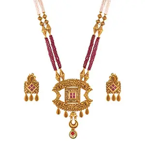 I Jewels Women's 18K Gold Plated Intricately Designed Traditional Long Beaded Brass Jewellery Set with Earrings Glided with Uncut Polki Kundan (MC031M)