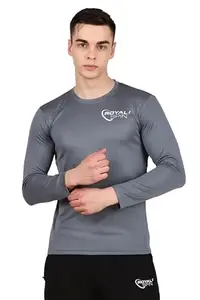 ROYAL SPIN Men's Polyester Lycra Full Sleeve Round Neck Strachable Casual Small Logo T- Shirt for Men's (Color:Dark Grey, Size: XL)