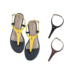 Cameleo -changes with You! Women's Plural T-Strap Slingback Flat Sandals | 3-in-1 Interchangeable Leather Strap Set | Yellow-Black-Brown