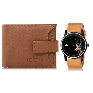 LOREM Combo of Beige Wrist Watch & Tan Color Artificial Leather Wallet (Fz-Wl10-Lr69)