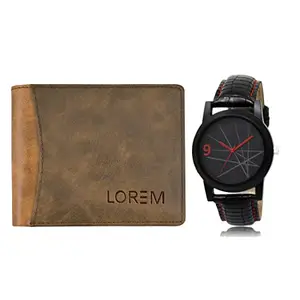 LOREM Combo of Black Wrist Watch & Beige Color Artificial Leather Wallet (Fz-Wl26-Lr08)
