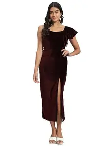 Vaararo Party Dress for Women Bodycon with Front Slit | Shiny Velvet One Flared Sleeve Stylish Outfit Wine X-Large
