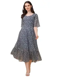 FASHION QUEEN Western Dresses for Women Georgette Fabric Blue Colour Round Neck Short Sleeves Floral Print Midi Length Fit and Flare Dress (V204_Blue_XX_Large)