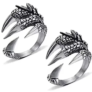 Stylewell (Set Of 2 Pcs) Unisex Trending Stylish Silver Color Stainless Steel Adjustable/Openable Funky Dragon Eagle/Vulture Claw Thumb Finger Ring (Free Size)