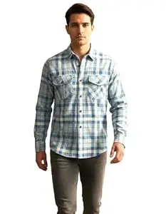Men's Cotton Blue Checkered Casual Shirt, Full Sleeve, Regular Fit