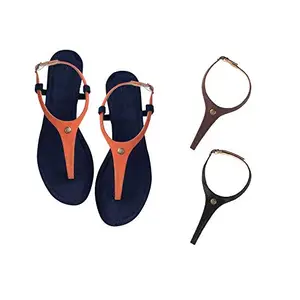 Cameleo -changes with You! Women's Plural T-Strap Slingback Flat Sandals | 3-in-1 Interchangeable Leather Strap Set | Orange-Brown-Black