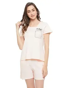 Clovia Women's Cotton Cotton Rich Print Top & Shorts Set in White (LS0451D18_White_XL)