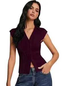 GRECIILOOKS Korean Tees for Women | Tops for Woman Wine | Collared Casual Summer Tops for Women Western | Knitted Top Button-Up Short Sleeve Crop Top |Summer Stylish Texture Korean Knit Tee