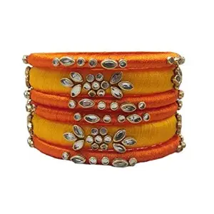 HABSA HABSA Hand Made Fancy Festival Silk Thread Fancy Festival Wear Kundan Stone Bangles Set of 6 Bangles Yellow-Orange(size-2/0)