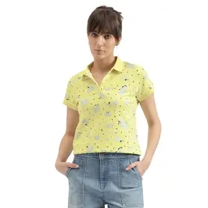 UNITED COLORS OF BENETTON Polo Neck Floral Print T-Shirts (Size: XL)-24P3WG9E3172G60U Yellow