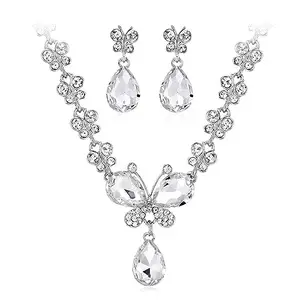 Shining Diva Fashion Latest Stylish Fancy Crystal Diamond Necklace Jewellery Set for Women (15218s) (White)