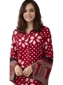 Zans & mens Women's Printed Shirt, Long Sleeve, Embroidered Cuffs, Collared Neck, Casual Ethnic Wear (in, Alpha, XL, Regular, Red-Ajrakh)