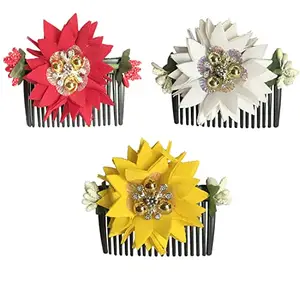 Arooman™ Acrylic Comb and Cloth Flower Hair side Comb/Clip Flower Design Juda Comb,For Women And Girls Pack -03, Color Multi
