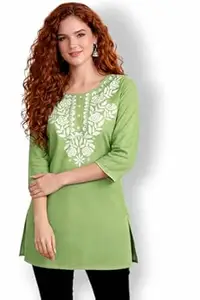 Women Rayon Embroidered Straight Kurti Top | Floral Thread Work | 3/4 Sleeve Casual Office Wear Tunic for Jeans & Leggings