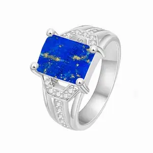 AKSHITA GEMS 9.25 Ratti / 8.00 Carat Lapis Lazuli Ring Natural Lapiz Silver Plated Ring Original Lab Certified Blue Lapis Stone Adjustable Ring Size 16-24 for Men and Women,s
