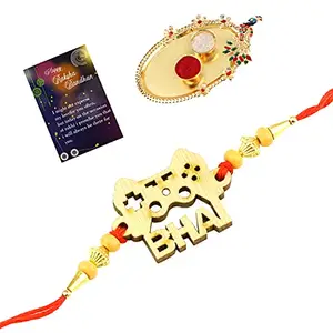 Elegant Bhaiya Rakhi " BHAI" Designe For Bhaiya/Brother/Bhai With Roli Chawal And 1 Greeting Card 1 Kankawati Pooja Thali -1190