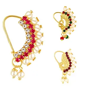 VFJ VIGHNAHARTA FASHION JEWELLERY Vighnaharta Piercing Gold Plated Mayur design with Pearls and AD Stone Alloy Maharashtrian Nath Nathiya./ Nose Pin combo valentine day gift valentineday gift for her gift for him gift for women gift for women VFJ1010-1012-1007NTH-Tar