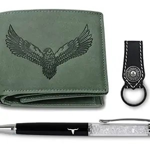 URBAN FOREST Zylo Vintage Green Leather Wallet + Keychain + Pen Combo Gift Set for Men
